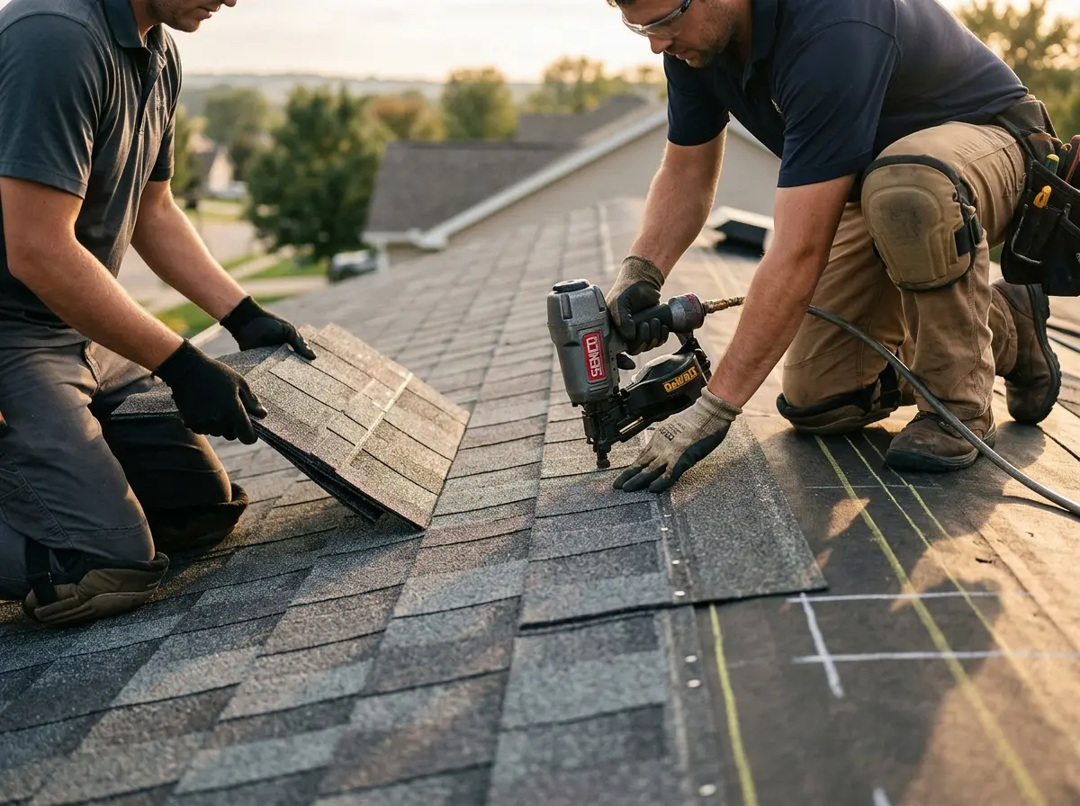 Professional roofer working on a residential roof in Lower Saucon